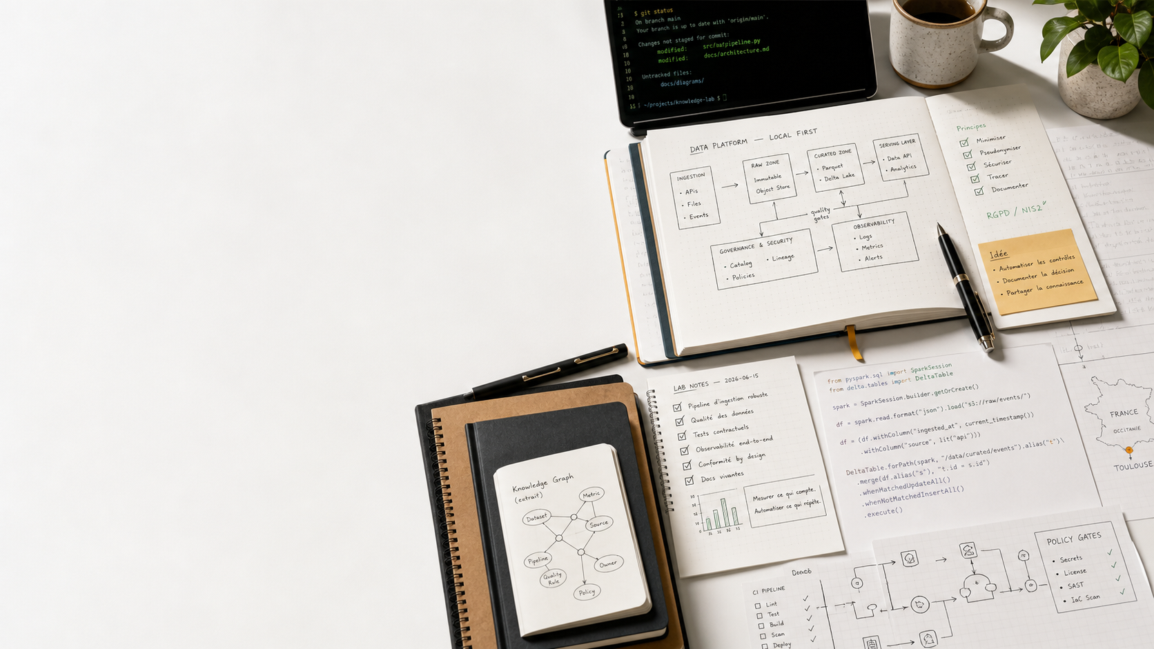 Bureau de recherche avec notes d'architecture, code et schémas techniques